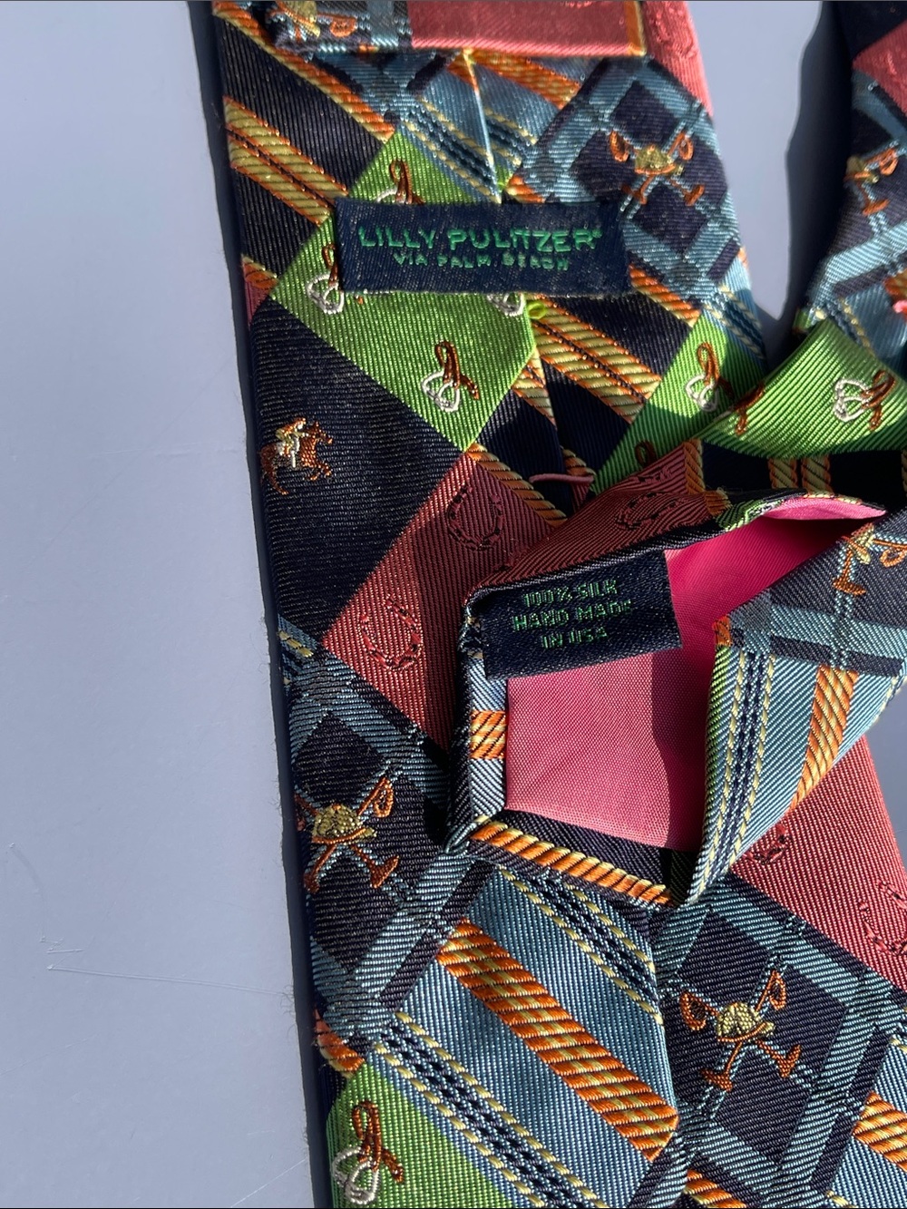 Lilly Pulitzer Vintage Kentucky Derby Silk Tie in Coral, Olive & Navy - Picture 4 of 7